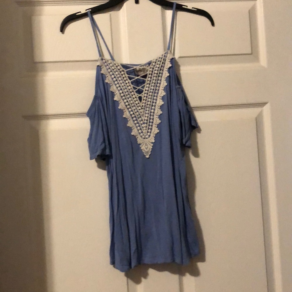 Blue & white off the shoulder shirt. Work once.